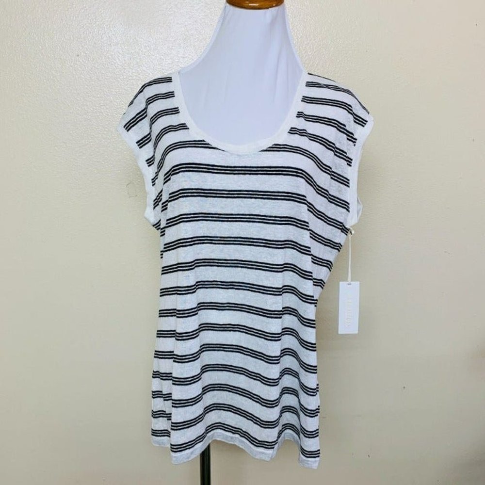 Nordstrom Collection Striped Knit Top Cap Sleeve Large Black/White Linen